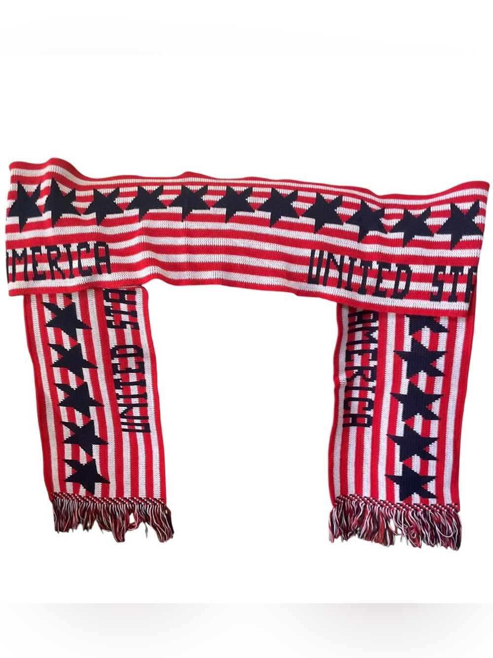 Vintage Knitmakers USA Patriotic United States of America Fringe Scarf Red White